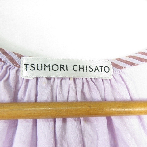 未使用品 ツモリチサト TSUMORI CHISATO ワンピース 膝下丈 半袖 綿 絹 麻 2 ライトパープル ライン kz7798 レディースの画像5