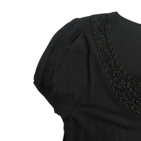 エムプルミエ ブラック M-Premier BLACK ニット 刺繍 ビーズ 半袖 ブラック 黒 36 レディース_画像4