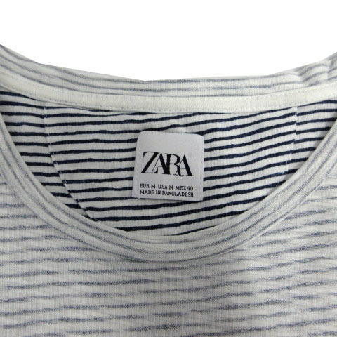 ザラ ZARA Tシャツ 胸ポケ ポケT 半袖 裏プリント コットン ボーダー ホワイト 白 ネイビー 紺 M メンズ_画像8