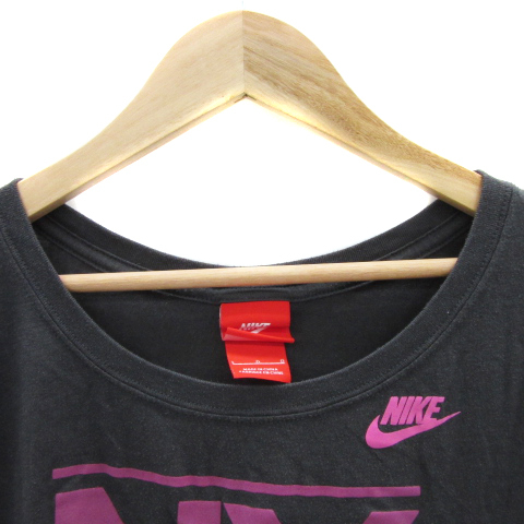 ナイキ NIKE Tシャツ カットソー 半袖 ラウンドネック プリント チャコールグレー ピンク /YS38 レディース_画像3