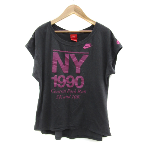 ナイキ NIKE Tシャツ カットソー 半袖 ラウンドネック プリント チャコールグレー ピンク /YS38 レディース_画像1