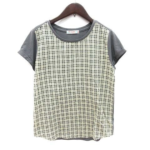 ビームスハート BEAMS HEART Tシャツ カットソー 半袖 クルーネック 切替 チェック グレー ? イエロー /CT レディース_画像1