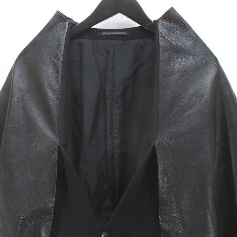 ヨウジヤマモト YOHJI YAMAMOTO レイヤードコート ジャケット S 黒系 ブラック 毛 ウール ボタン レザー 日本製 レディース_画像4
