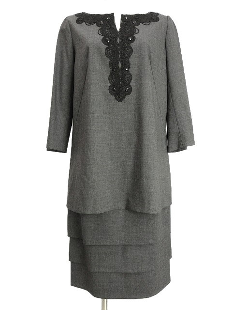  Leilian Leilian setup tunic blouse skirt 9 gray wool silk race bi Juki - neck lady's 