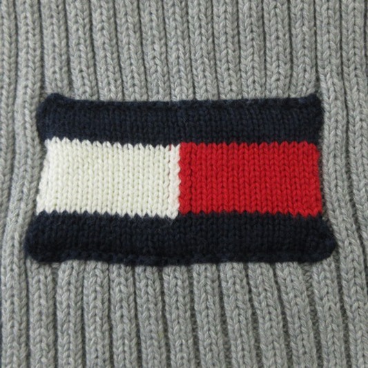 トミーヒルフィガー TOMMY HILFIGER 良品 ニット マフラー ワンポイント ロゴ コットン グレー ■SH メンズ_画像5