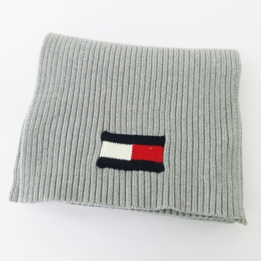 トミーヒルフィガー TOMMY HILFIGER 良品 ニット マフラー ワンポイント ロゴ コットン グレー ■SH メンズ_画像4