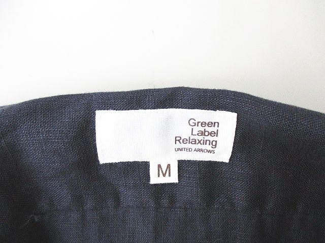 グリーンレーベルリラクシング ユナイテッドアローズ green label relaxing 半袖 シャツ M 紺系 ネイビー 無地 サイドカット ボタン 麻 リ_画像3