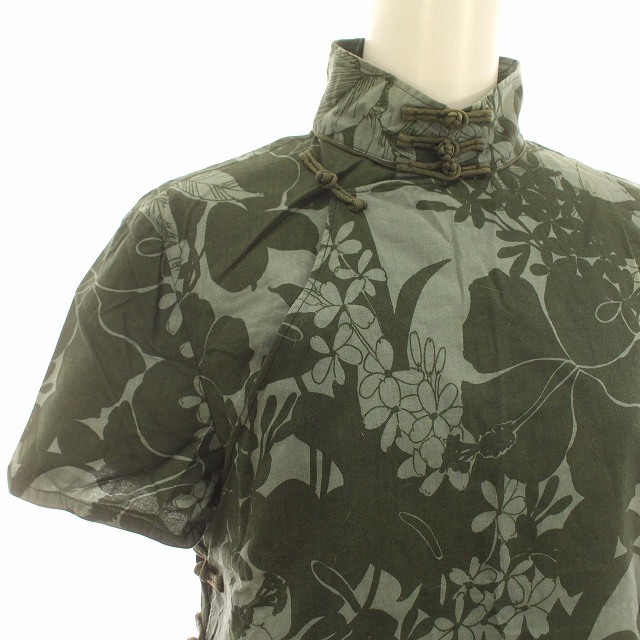 ミュウミュウ miumiu チャイナシャツ 半袖 花柄 ブラウス 40 M カーキ /☆G レディースの画像4