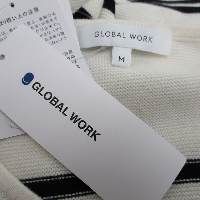 未使用品 グローバルワーク GLOBAL WORK タグ付き ニット セーター 長袖 Vネック コットン ボーダー M ホワイト 白 /KT1 レディース_画像3