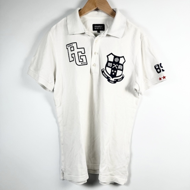 パーリーゲイツ PEARLY GATES ゴルフウェア ポロシャツ 半袖 ロゴ 刺繍 ホワイト 白 ネイビー 紺 4 メンズ_画像1
