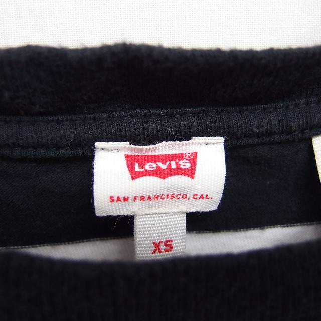 リーバイス Levi's Tシャツ カットソー ボーダー 柄 裾リボン 切替リブ 五分袖 丸首 コットン 綿 XS ブラック ホワイト /HT21 レディース_画像3