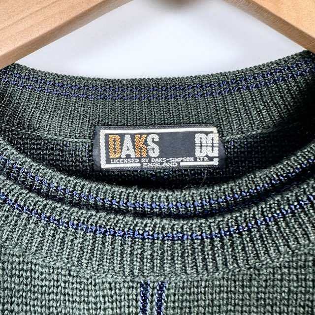 ダックス DAKS ニット セーター ウール ロゴ刺繍 チェック柄 グリーン ゴールド ネイビー M レディース_画像4