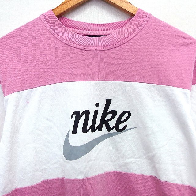 ナイキ NIKE 国内正規品 Tシャツ カットソー ロゴ プリント バイカラー 切替リブ 長袖 丸首 コットン M ピンク /HT23 レディース_画像4