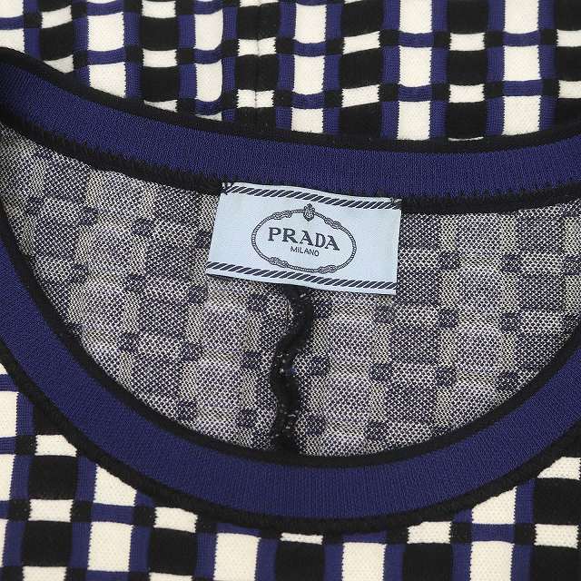 プラダ PRADA ニットワンピース サマー 膝丈 半袖 総柄 44 紺 白 黒 /ES ■OS レディース_画像3