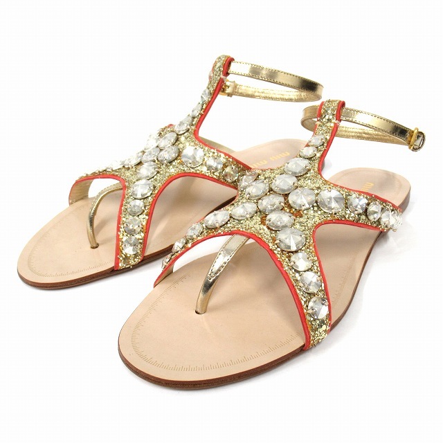  unused goods MiuMiu miumiug Ritter biju- strap Flat sandals shoes shoes size 37 approximately 24cm Gold lady's 