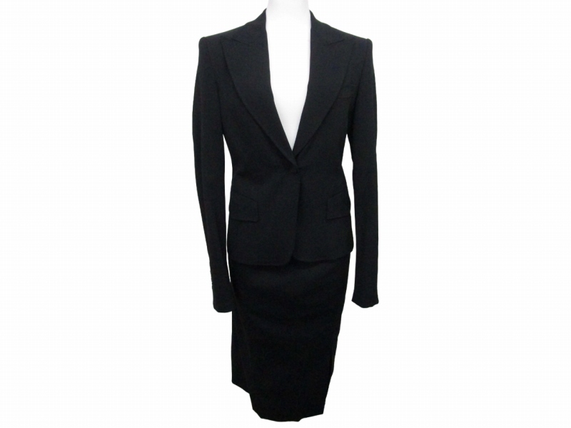  Gucci GUCCI wool suit skirt formal Italy made slit Logo button gold button stretch have knee height black black 38 #WY