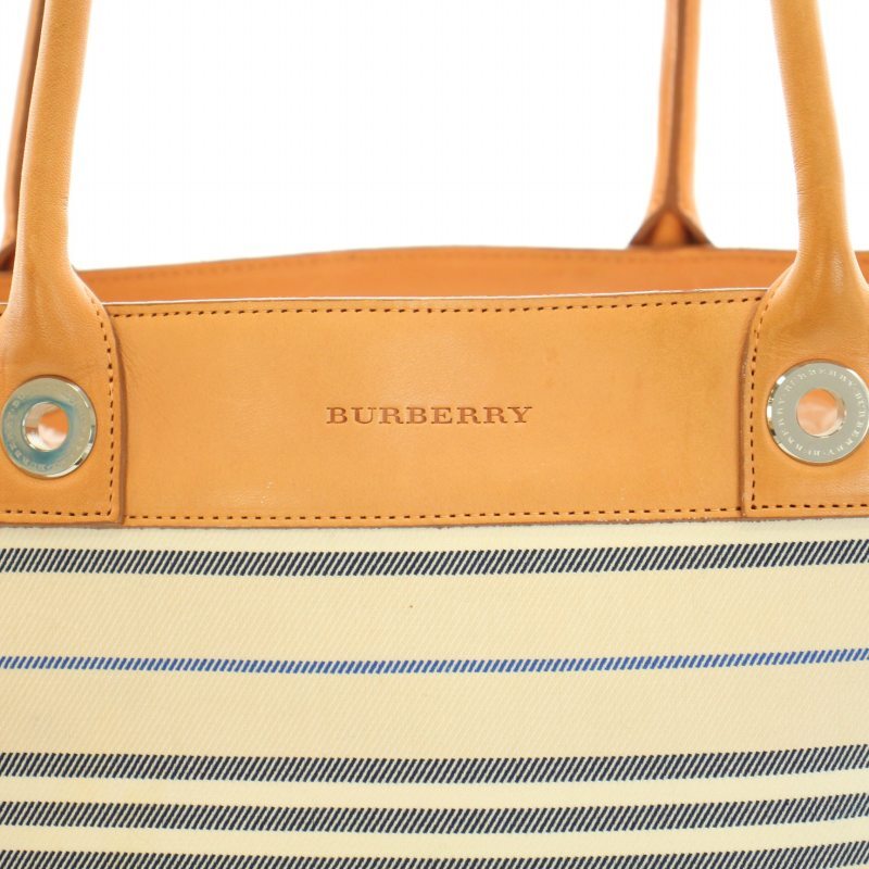 バーバリー BURBERRY トートバッグ キャンバス レザー ボーダー柄 ベージュ キナリ 青 ブルー /YT レディースの画像5