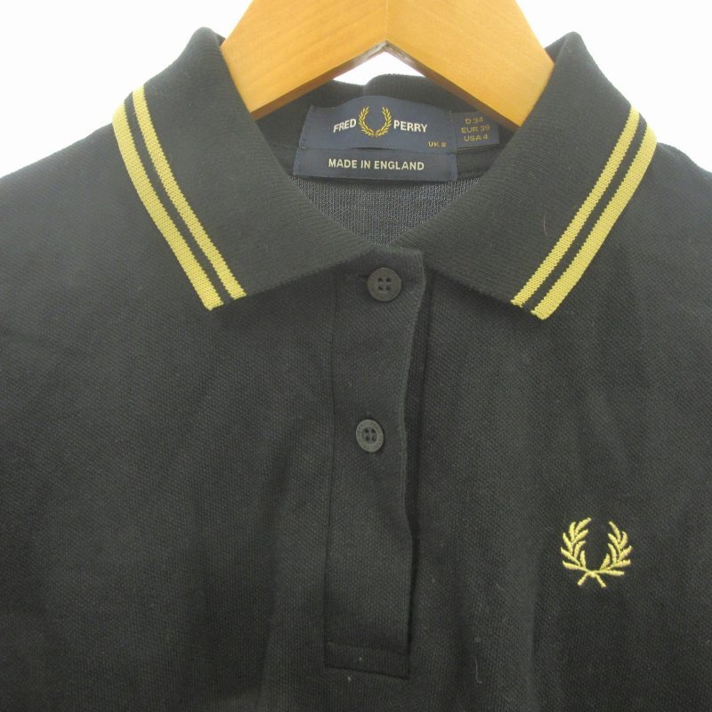 フレッドペリー FRED PERRY 美品 ロゴ刺繍 ポロシャツ カットソー イングランド製 半袖 黒 ブラック 4 約M ■GY06 レディースの画像4