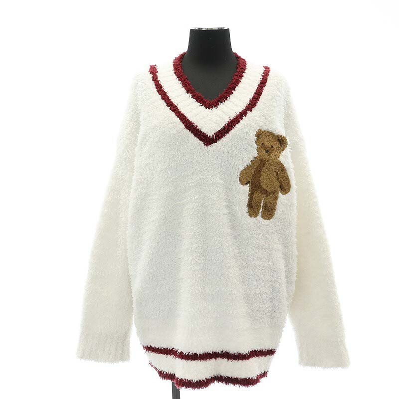  Gelato Pique 22AW HOLIDAY gelato Bear ... pull over long pants setup top and bottom cut and sewn long sleeve V neck F white 