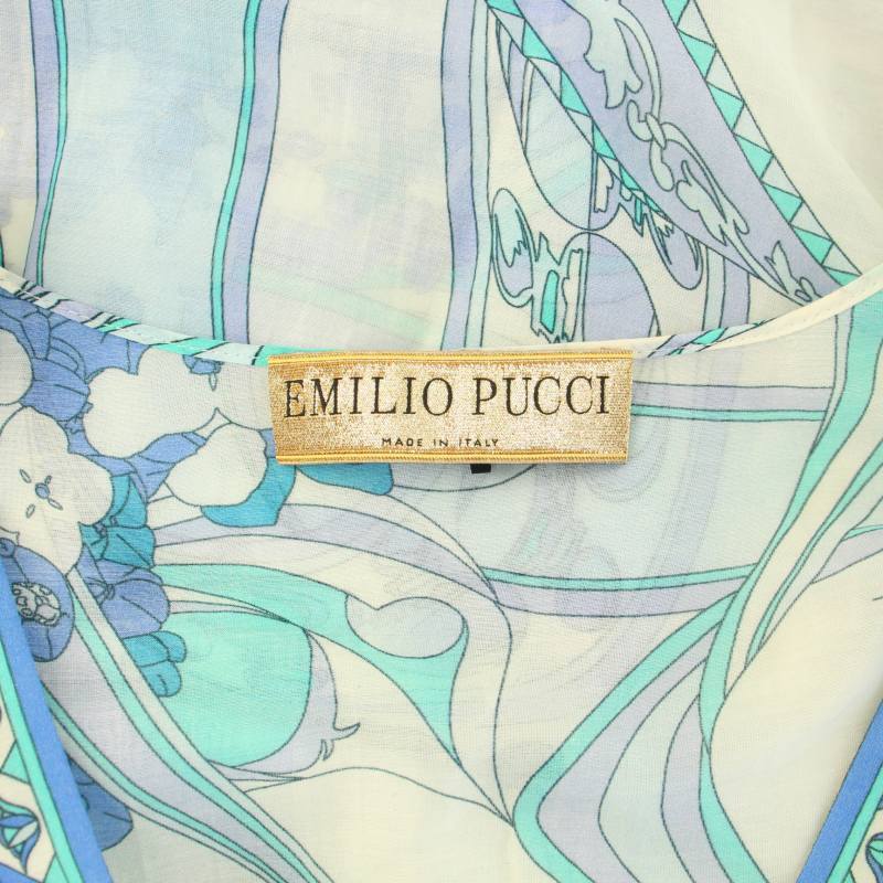 エミリオプッチ EMILIO PUCCI チュニック Vネック 長袖 シアー 花柄 コットン 絹混 シルク混 I42 L 青 ブルー 白 ホワイト レディースの画像4