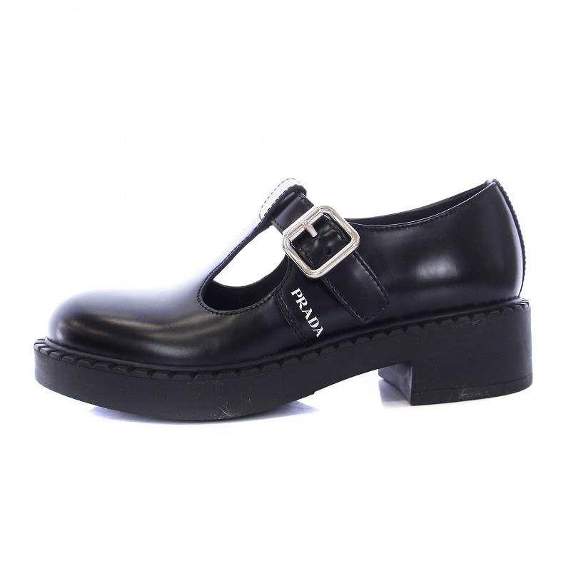 プラダ PRADA Mary Jane T-strap shoes メリージェーン Tストラップ ローファー チャンキーヒール レザー 34.5 21.5cm 黒 ブラック /KH レ_画像2