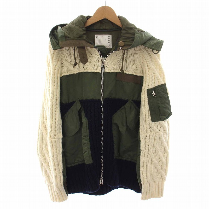 サカイ sacai CABLE KNIT MA-1 JACKET 再構築 ケーブルニット ジャケット ドッキング ジップアップ アウター 1 S カーキ 紺 白 19-02117M_画像1