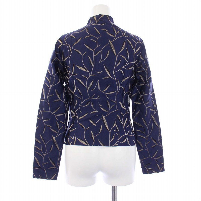 プラダ PRADA oriental leaf jacquard silk navy ヴィンテージ ジャガード シルクシャツ ブラウス 長袖 40 M 紺 ネイビー /KH レディースの画像3