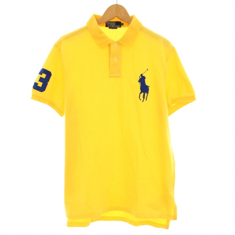 ポロ バイ ラルフローレン Polo by Ralph Lauren CUSTOM FIT ポロシャツ 半袖 鹿の子 ビッグポニー ロゴ刺繍 アップリケ LL 黄色_画像1