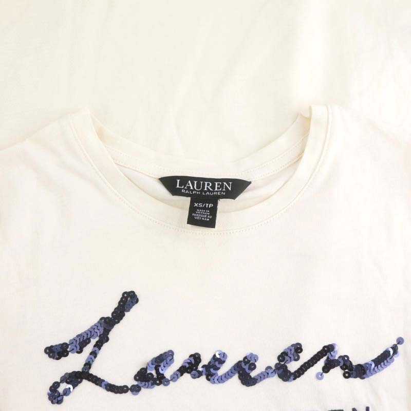 ローレンラルフローレン LAUREN RALPH LAUREN Tシャツ スパンコール ハーフスリーブ プルオーバー 長袖 XS アイボリー_画像3