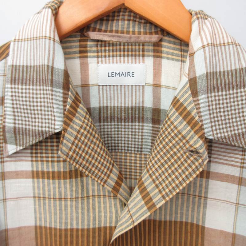 ルメール LEMAIRE 美品 近年 リネン混 チェックシャツ 半袖 オープンカラー ブラウン系 46 約Mサイズ M211 SH160 LF571の画像4