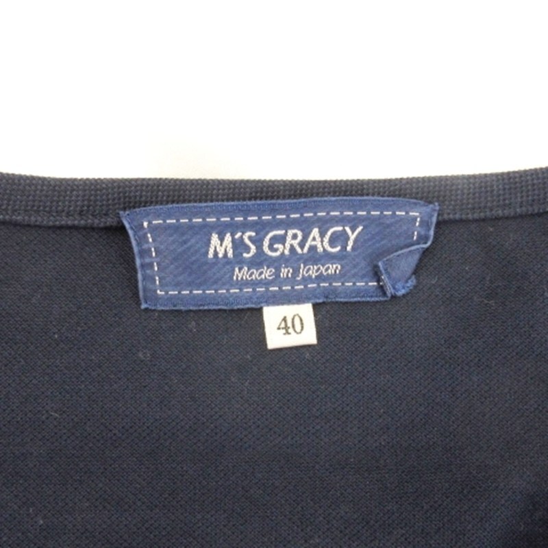 エムズグレイシー M'S GRACY Tシャツ カットソー 半袖 鹿の子 刺繍 スパンコール ネイビー 40 レディース_画像6
