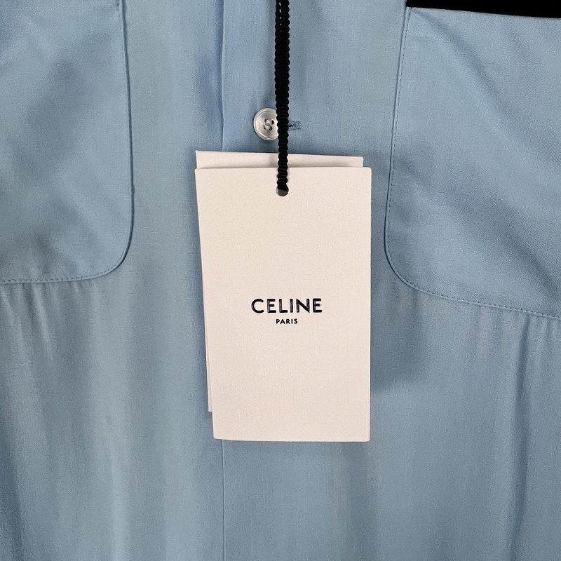 未使用品 セリーヌ CELINE 21SS ルーズボーリングシャツ Loose Bowling Shirt In Viscose ロゴ刺繍 半袖シャツ 36 青 ブルー 2C516852C メ_画像7