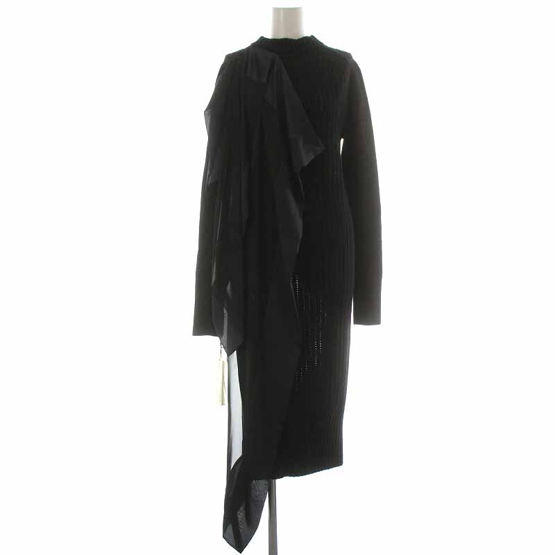 未使用品 サカイ sacai シフォンドッキング ニット ワンピース ロング ウール 切替 長袖 2 M 黒 ブラック 紺 ネイビー 21-05666 /YI28 レデ