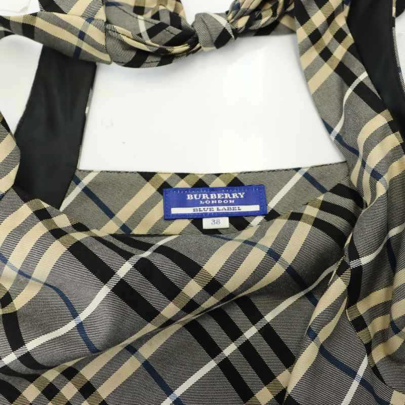 バーバリーブルーレーベル BURBERRY BLUE LABEL バックリボン チェック キャミワンピース ひざ丈 38 M グレー ベージュ_画像3