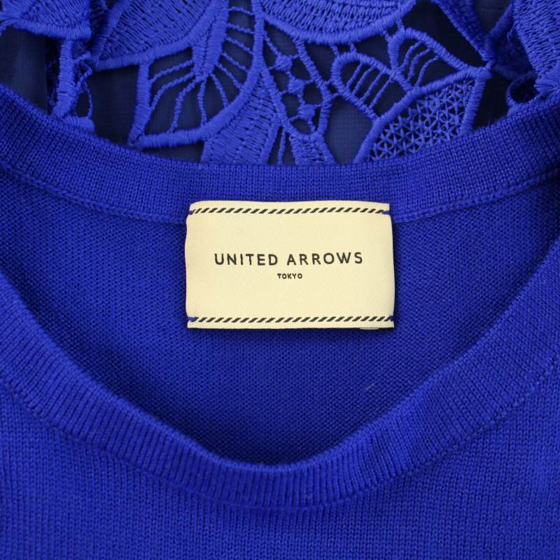 ユナイテッドアローズ UNITED ARROWS ニット セーター クルーネック 長袖 ハイゲージ レース 花柄 ウール 青 ブルー /YT レディース_画像4