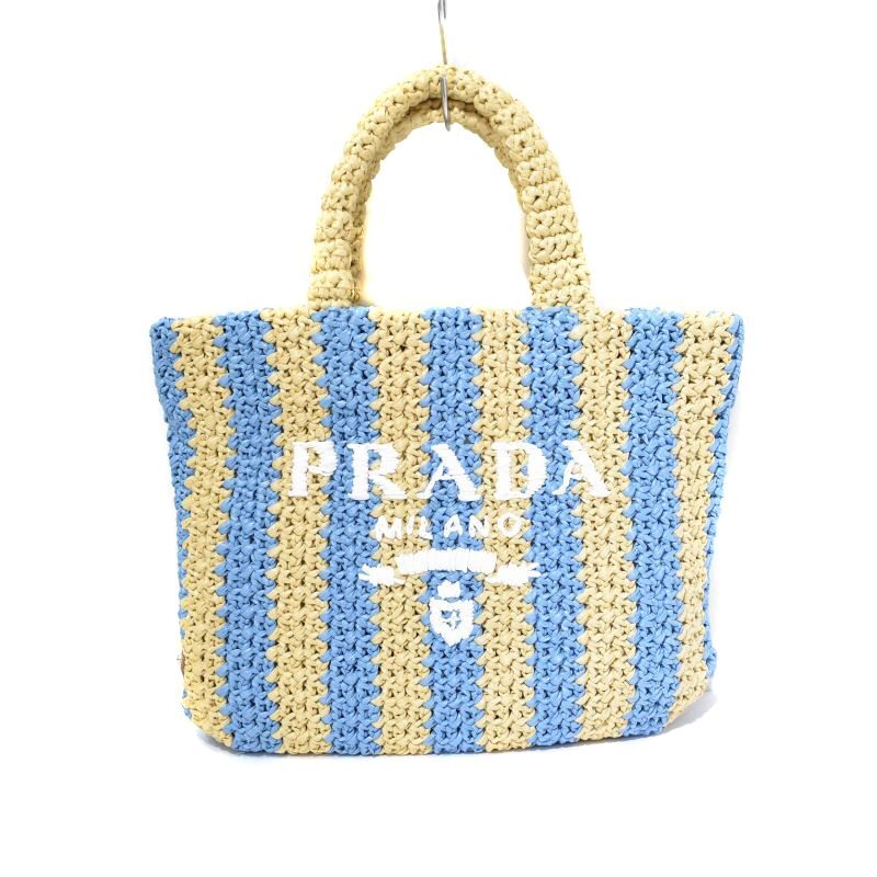 プラダ PRADA スモール クロシェ ハンドバッグ ストロー ラフィア ストライプ ナチュラル 水色 ライトブルー 1BG422 レディース_画像1