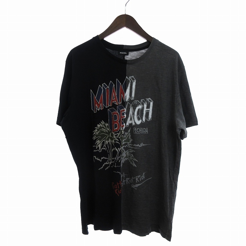 ディーゼル DIESEL Tシャツ カットソー 半袖 MIAMI BEACH プリント コットン 黒 ブラック グレー XL ■SM1 メンズ_画像1