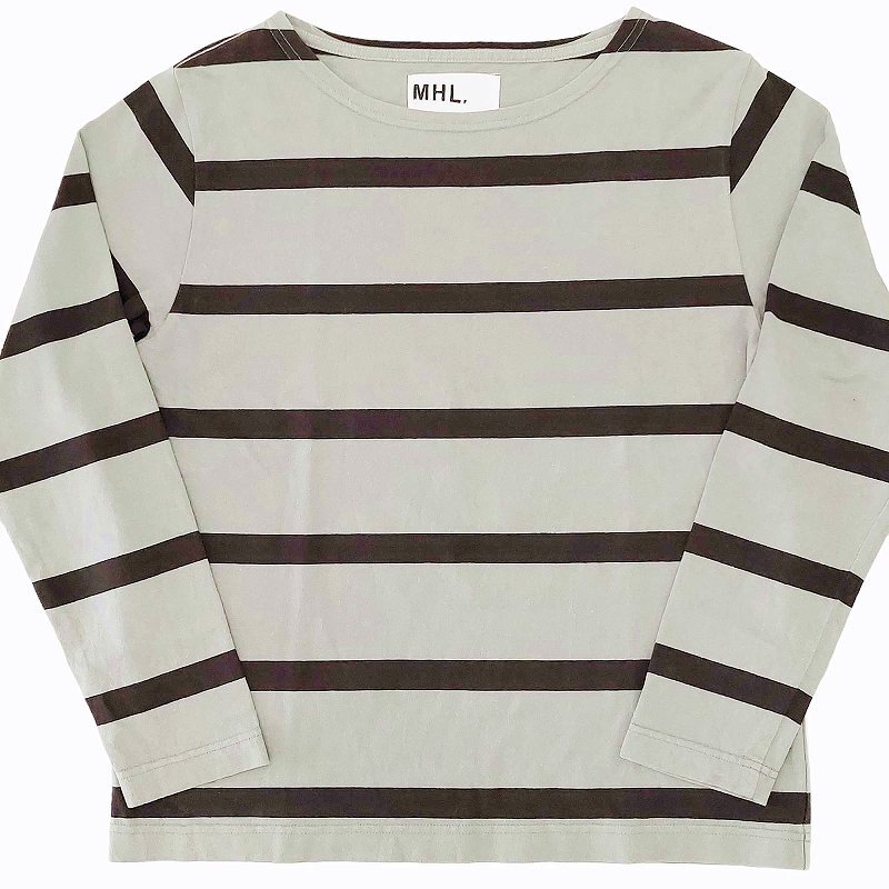 マーガレットハウエル MHL. WIDE STRIPE DRY JERSEY Tシャツ カットソー ボーダー ボートネック 長袖 595-0169502 グレー系 II 約M 0512 レ_画像1