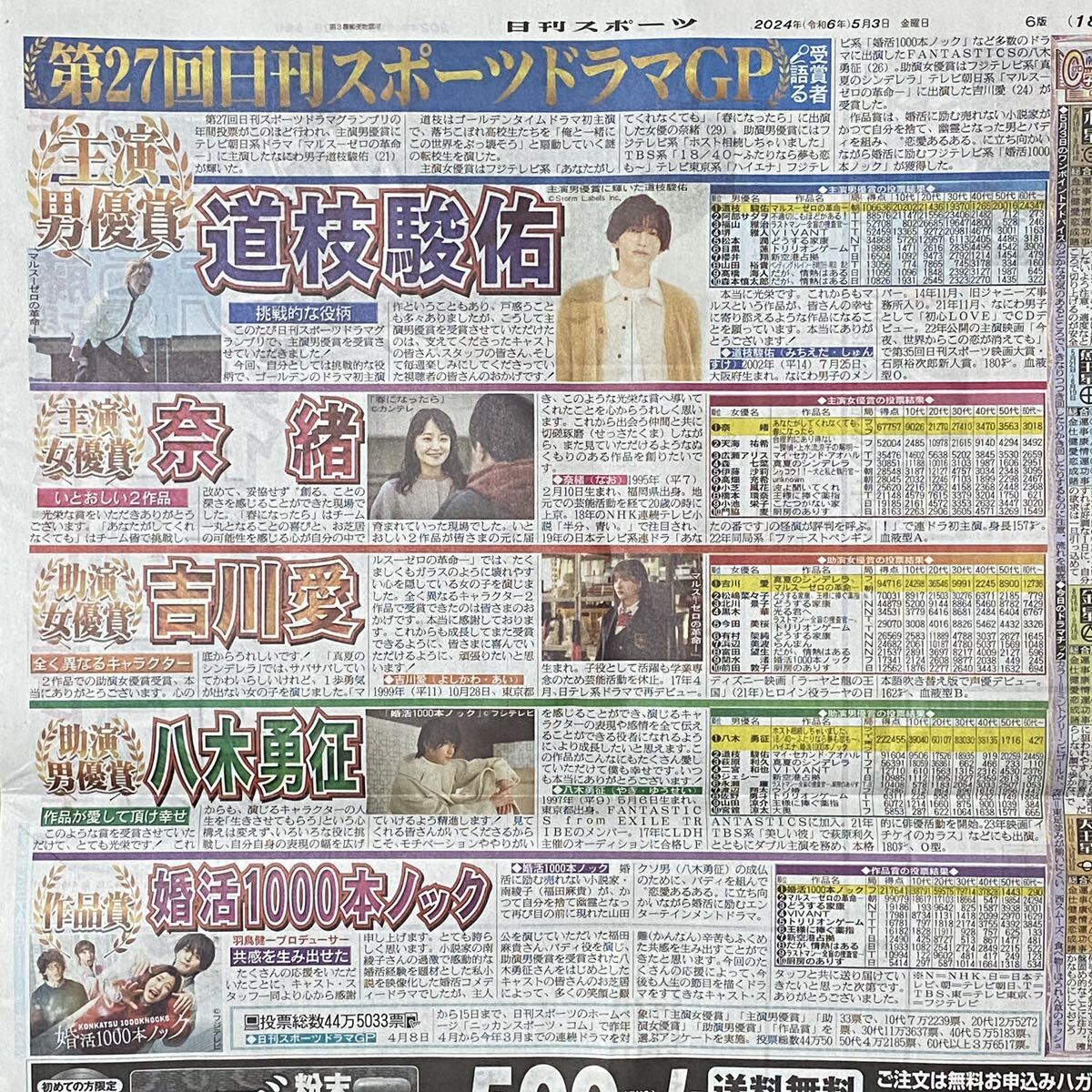 2024年5/3 日刊スポーツ なにわ男子 道枝駿佑 奈緒 吉川愛 FANTASTICS 八木勇征 婚活1000本ノック 福田麻貴 ◆ スポーツ新聞 新聞記事の画像2