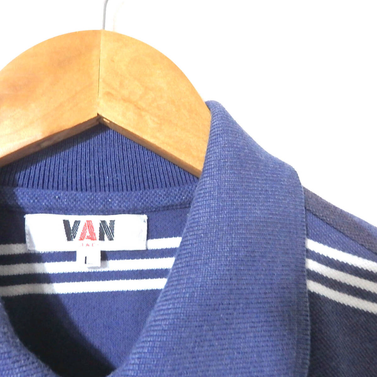 【送料無料】VANジャケットポロシャツ/紺色　ヴァンヂャケット　Lサイズ　ボーダー