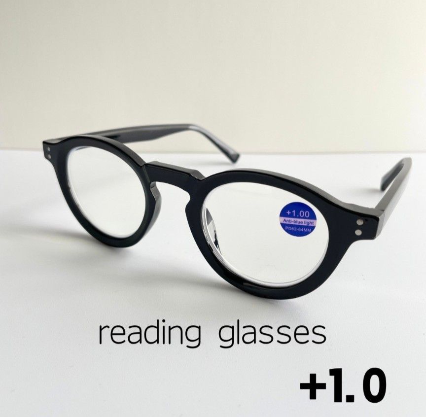 老眼鏡 +1.0 ブラック ラウンド ボストン メガネ リーディンググラス 黒縁 太縁 韓国 丸メガネ ブルーライトカット 