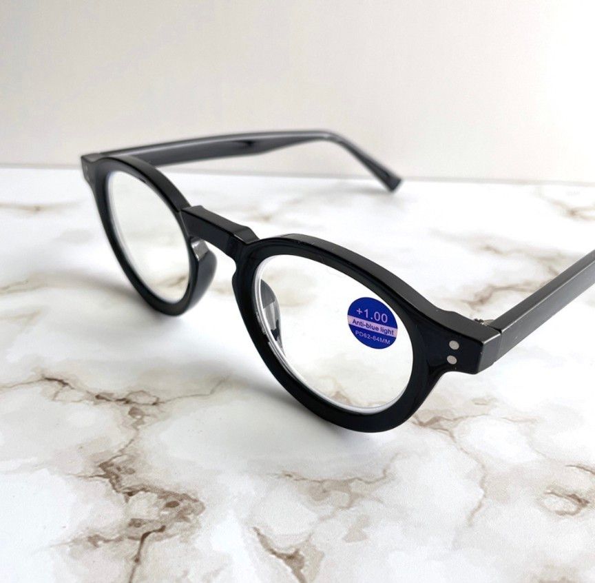 老眼鏡 +1.0 ブラック ラウンド ボストン メガネ リーディンググラス 黒縁 太縁 韓国 丸メガネ ブルーライトカット 