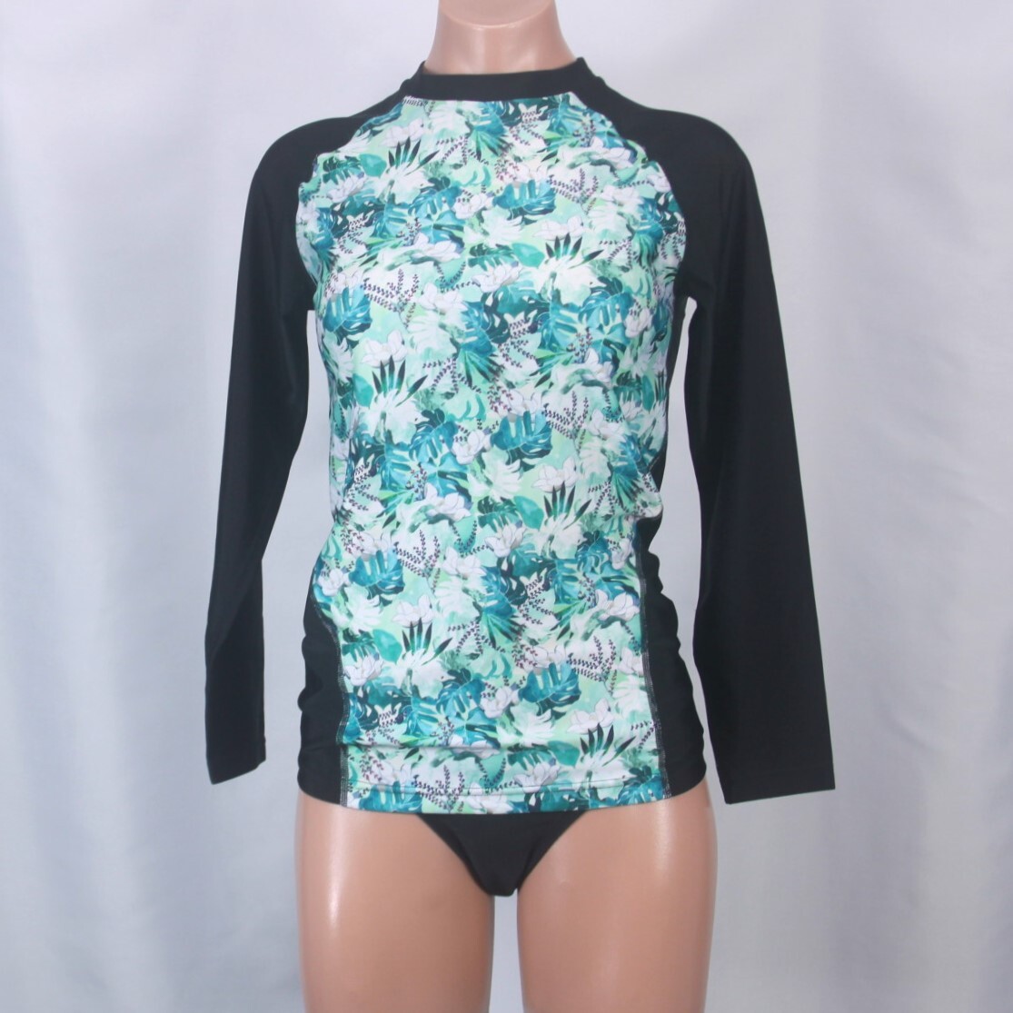 C0371* long sleeve Rush Guard black lady's L.... floral print white green two piece swimsuit separate sea pool beach resort fitness 