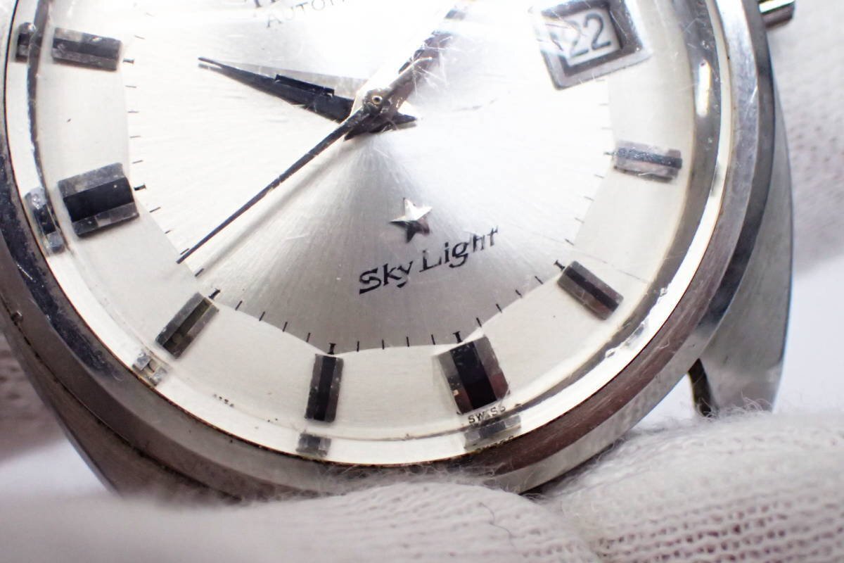 1 иен [TECHNOS] работа товар Tecnos skylight Date самозаводящиеся часы 25 камень Cal.2522(ETA) Sky Light мужские наручные часы серебряный цвет * ломбард 