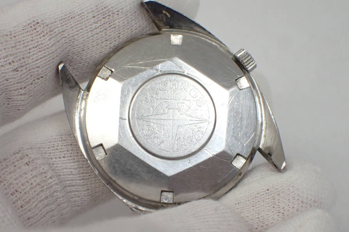 1 иен [TECHNOS] работа товар Tecnos skylight Date самозаводящиеся часы 25 камень Cal.2522(ETA) Sky Light мужские наручные часы серебряный цвет * ломбард 