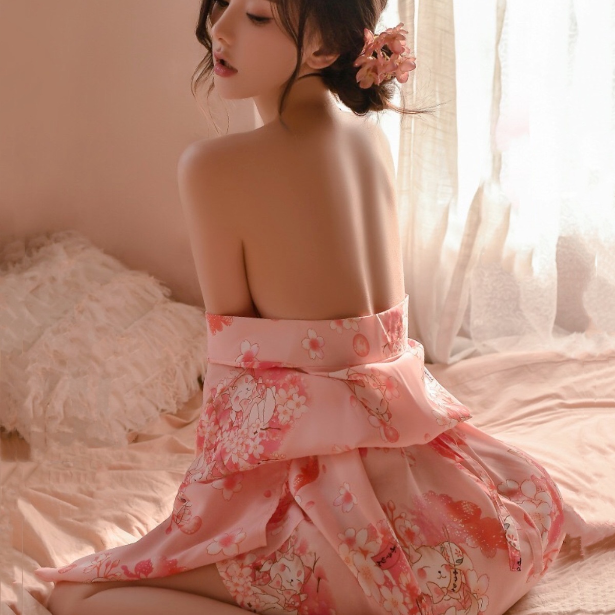 Pe535 着物風 可愛いキツネ サラサラ 鮮やか花柄 ベビードール「和服・Tバック・帯３点セット」セクシーランジェリー コスプレ衣装の画像10