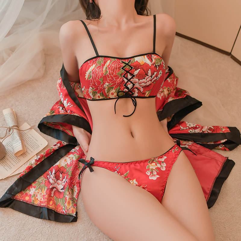 Pe1059 кимоно способ ... цветочный принт накладка имеется baby doll [ японская одежда * tops * шорты 4 позиций комплект ] костюм костюмы красный 