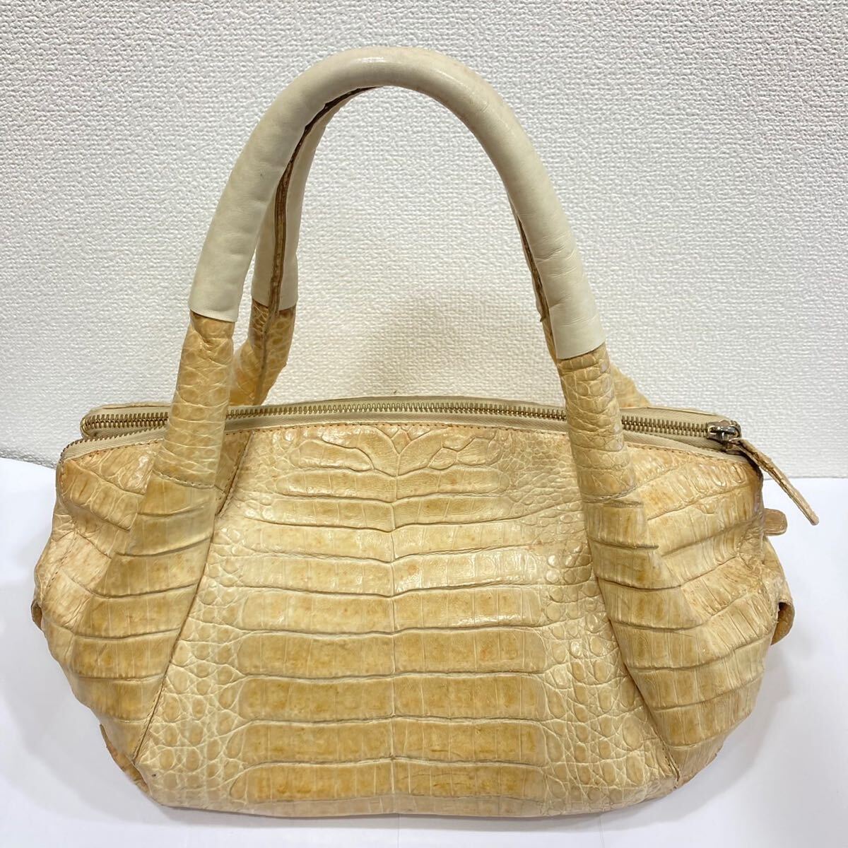 1円〜保管品 NANCY GONZALEZ ナンシーゴンザレス クロコダイル ハンドバッグ トート GENUINE CROCODILE ワニ革 レザー アイボリー系_画像1