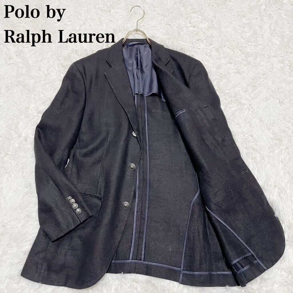 【希少】Polo by Ralph Lauren ポロラルフローレン リネンジャケット XL AB8 メタルボタン ヘルメットロゴ 黒 ブラック ブレザー