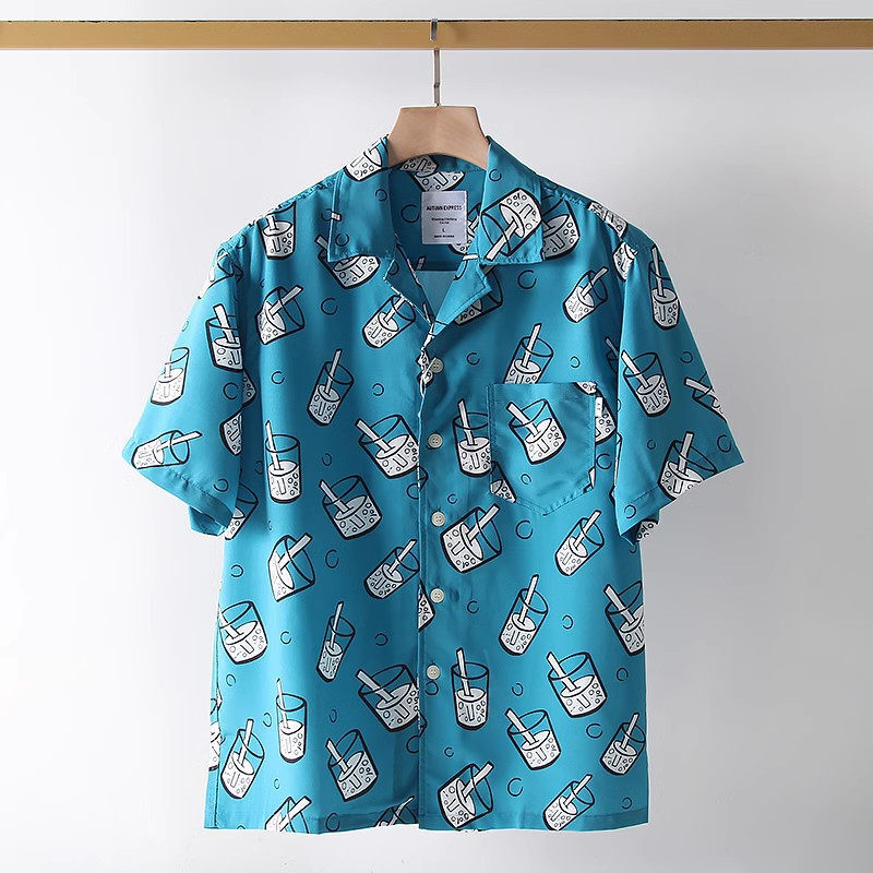 S1411-L 新品 アロハシャツ メンズ 半袖シャツ 薄手 夏 カジュアル 花柄 総柄 おしゃれ シルクのような質感 /水色_画像1